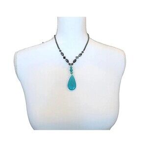 Artisan crafted Turquoise Tear Drop Pendant with Hematite Beads - 17"